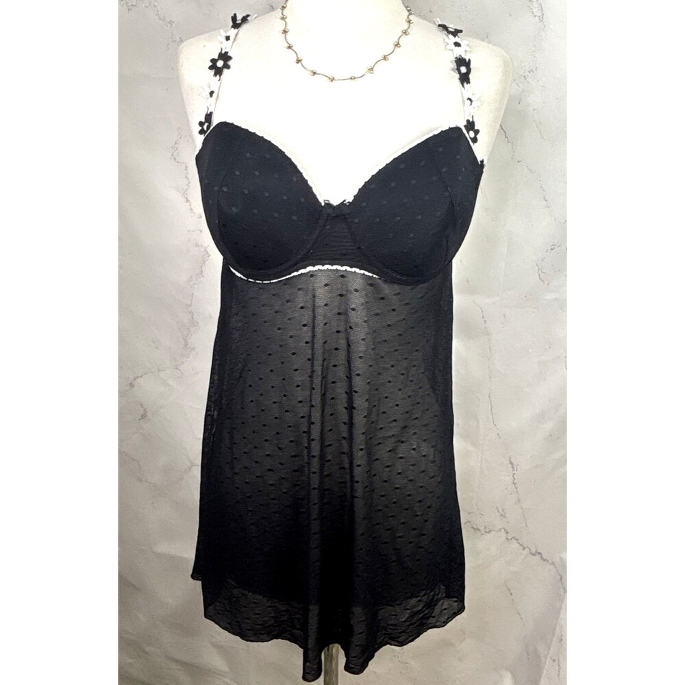 Vtg Black Mesh Polka Dot Bustier Babydoll Dress Lingerie Fairy Goth Romantic L